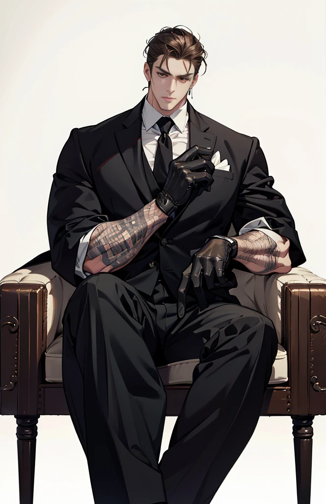 (Masterpiece, Best quality),Mafia, male, 45 years old, white, exuding a dangerous aura, muscular body, handsome face, white skin, red eyes, gray-brown hair, retro tattoos on arms, black jacket, pants and gloves, cold face. Sitting on a gorgeous sofa with a cigar in his mouth, anime style