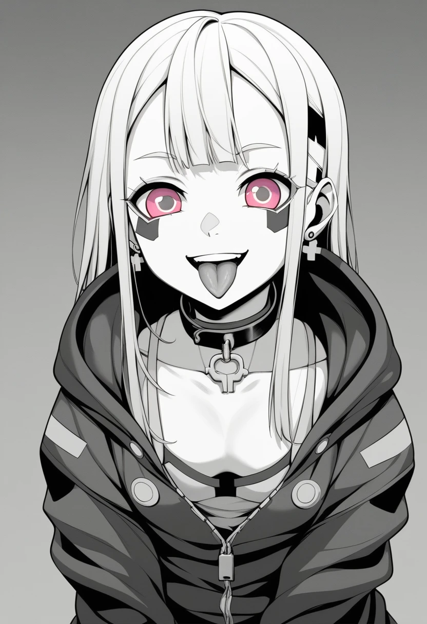(masterpiece:1.2)、Highest quality、PIXIV、Rebellious girl、One girl、Open your mouth、鋭いteeth、teeth、Long Hair、Street background、gem、badge、ボタンbadge、Food、Pink Eyes、Earrings、Jacket、eyelash、Foodを下にして、star (symbol)、Upper Body、Characters in clothes、zipper、collar、cable、chain、tongue、Stickers、hoodie、smile、spike、Focus on the viewer、長いtongue、Chest in the center、Shoulder Bare、Belly button、Black and white hair color,leaning forward,Cyberpunk city,Night view,Black and white grey outfit
