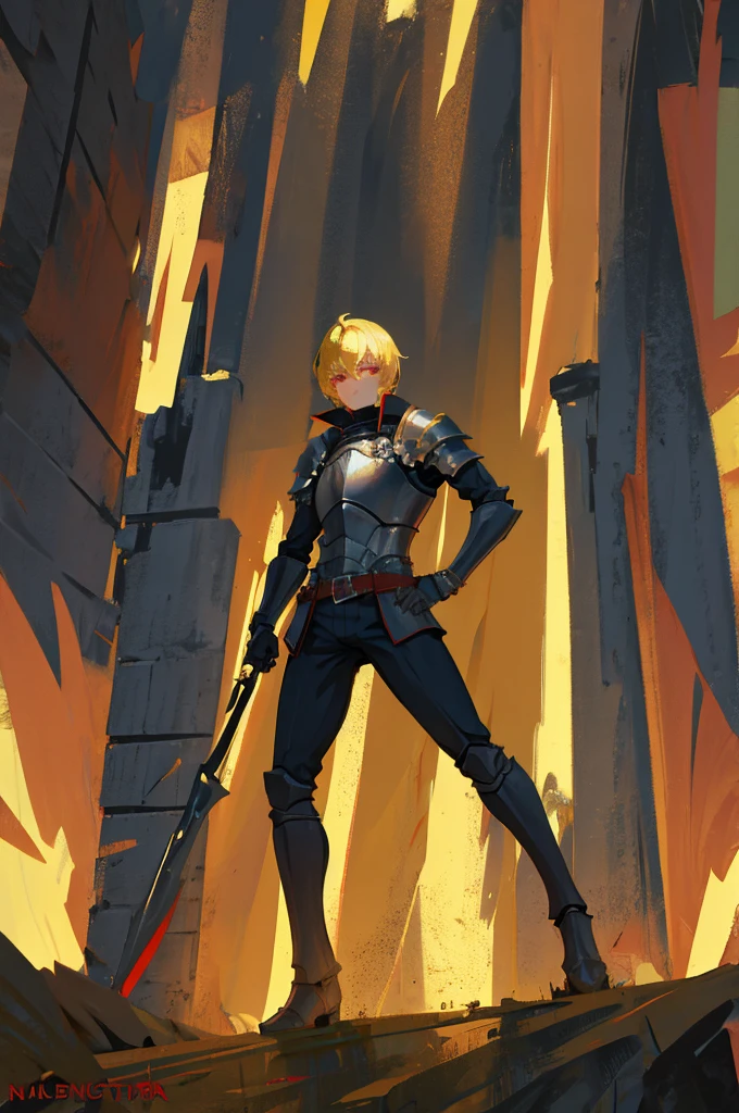 medieval male crusader knight, short hair, blonde hair, black sclera, red eyes, intimidating pose, alone, nighttime.