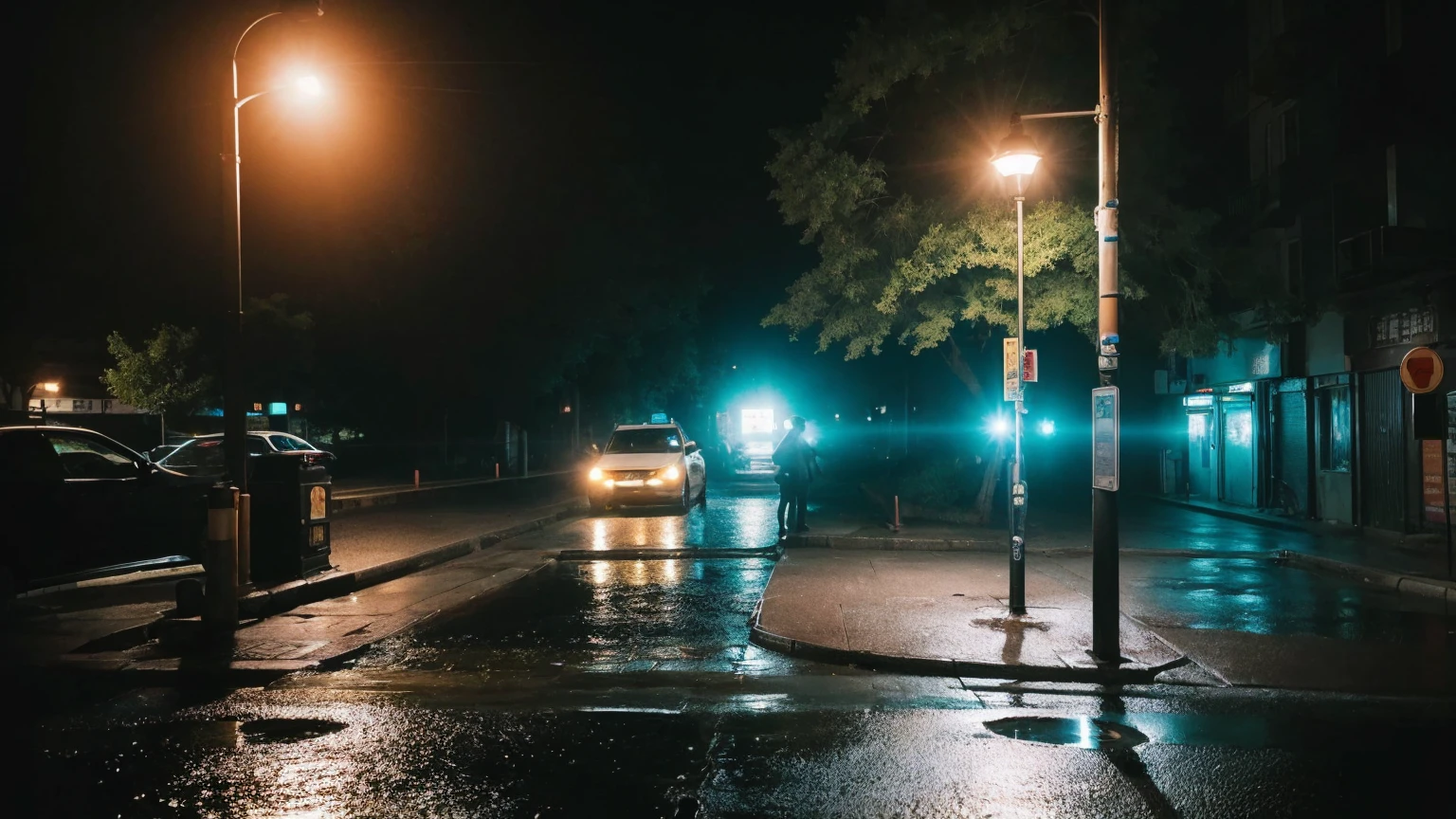 黑暗of,Polaroid,(depth_of_site:1.5),rain,outdoor,street,,Mood lighting,Tyndall effect,light,night,lamp post,lens flare,Available light,Rim Light,发光of霓虹灯,