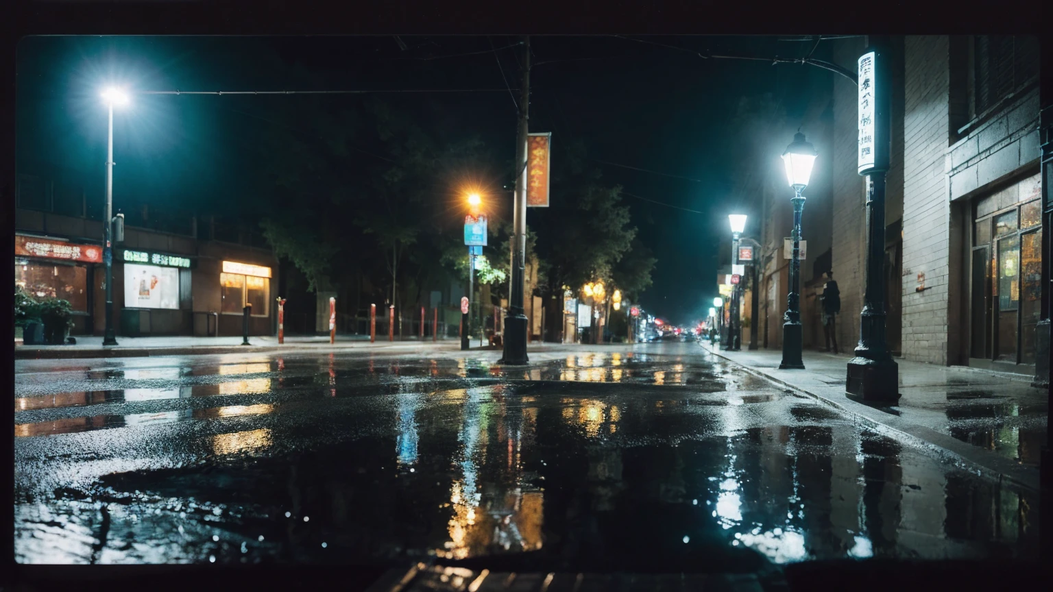 黑暗of,Polaroid,(depth_of_site:1.5),rain,outdoor,street,,Mood lighting,Tyndall effect,light,night,lamp post,lens flare,Available light,Rim Light,发光of霓虹灯,