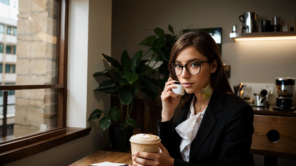 German model . Glasses. Coffee