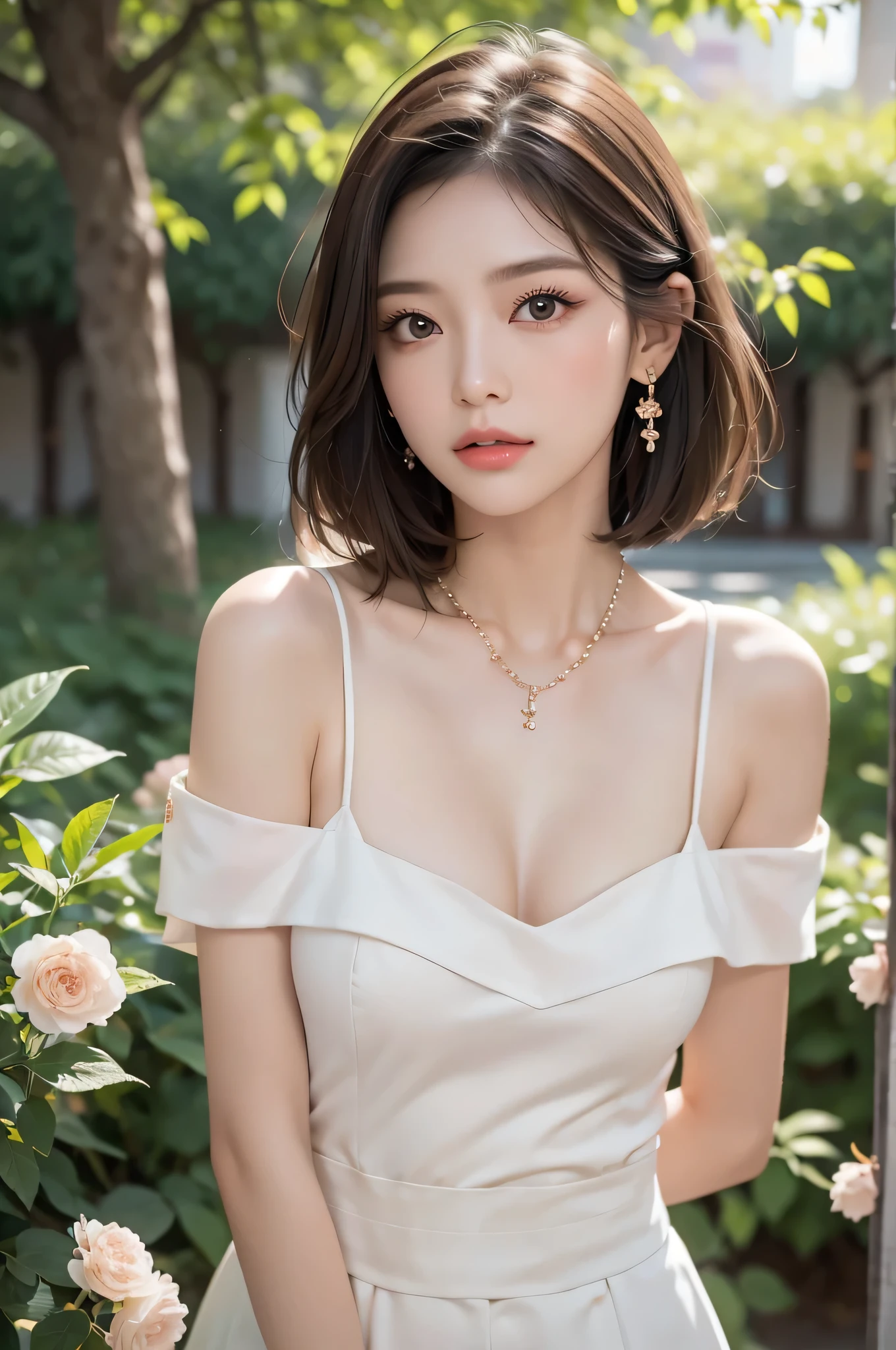 Beautiful girl, Hair that falls over the shoulders, Clear Eyes, Smooth Hair, Exquisite and perfect features, The most beautiful big eyes, Long eyelashes, The gentle eyes of a lying silkworm, Pouting, Dynamic Angle, Ultimate image quality, Highest precision, Accurate and perfect human body, necklace, bust, close, Outdoor, The background is flowers and plants, Long Shot,