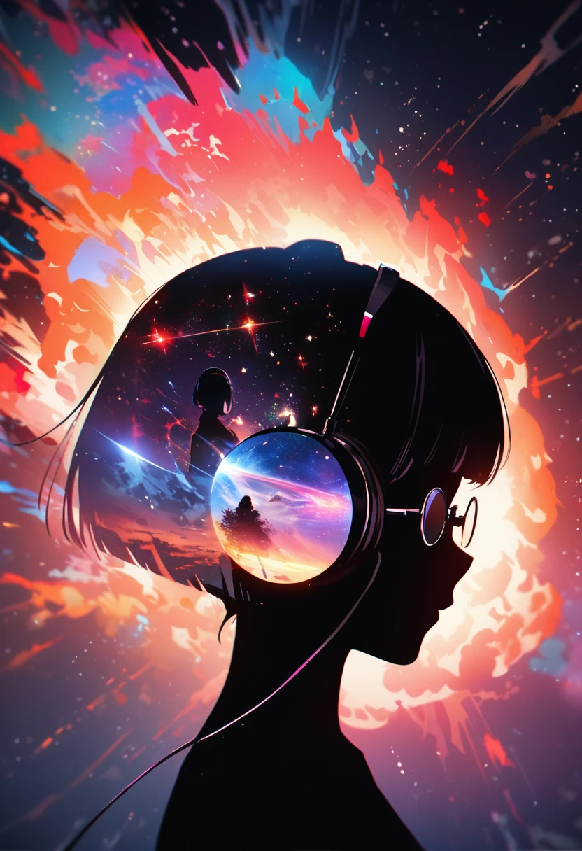 silhouette of a woman in profile.(super very short hair:1.3), blunt bangs, (((underrim glasses:1.3))), (headphones:1.3), Inside the silhouette you can see the double exposure with a deep space, universe, supernova explosion, masterpiece, ((double exposure)), proportional.,DOUBLE EXPOSURE