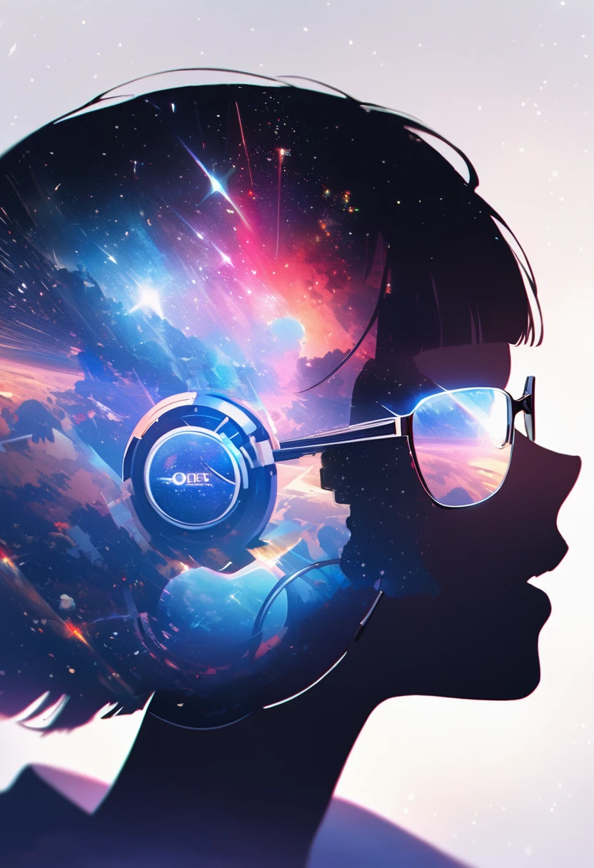 silhouette of a woman in profile.(super very short hair:1.3), blunt bangs, (((underrim glasses:1.3))), (headphones:1.3), Inside the silhouette you can see the double exposure with a deep space, universe, supernova explosion, masterpiece, ((double exposure)), proportional.,DOUBLE EXPOSURE