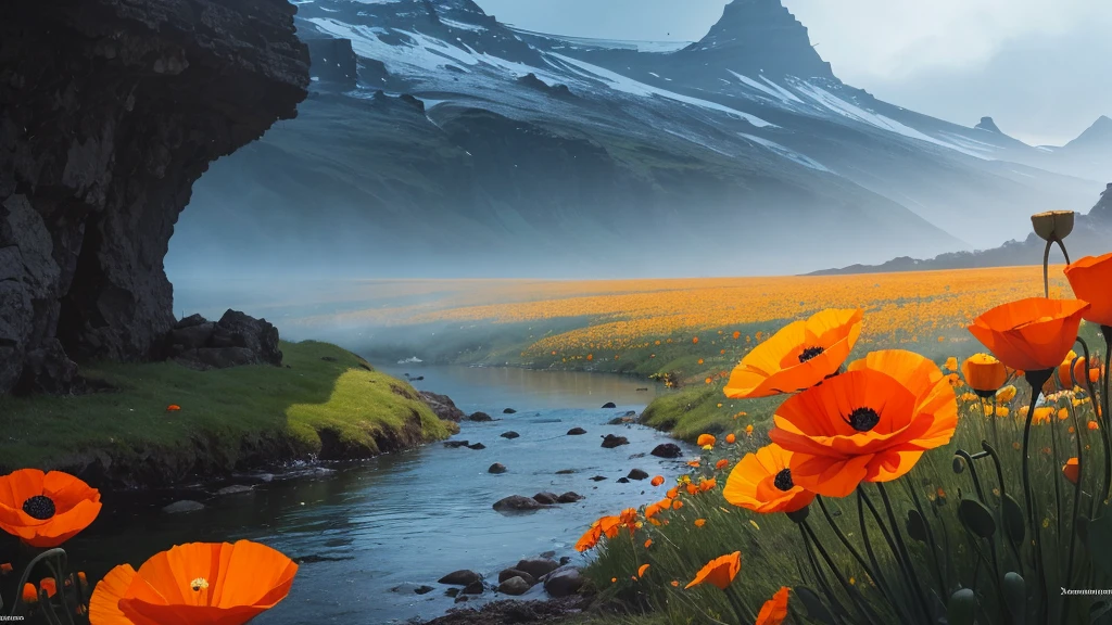 32k, Masterpiece, Highest quality, One girl, Detailed eyes, flower,Iceland Poppy, Orange and yellow style,A dreamy, romantic piece,Pale yellow, Mysterious Leaves,A playful arrangement,Fantasy,High Contrast,Ink strokes,explosion,Exposure, Impression of orange and yellow tones,Abstract,((Watercolours by John Berkey and Jeremy Mann )) Brush strokes,Negative Space, Tyndall effect,
