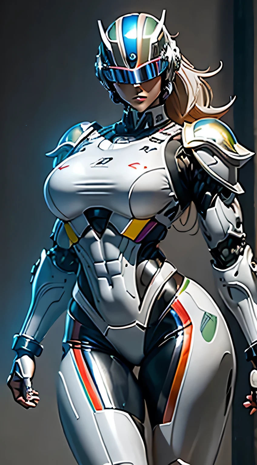 Female Robocop Solo、Bright outdoors、strong light source、8K, high quality, masterpiece, 最high quality, Crisp contrast、Very detailed、Full body armor、Very large armor、Helmet covering the head、Clear photos、His eyes are hidden by thin straight goggles:1.3、The lower half of the face is raw々Shii:1.5、The lower half of the face is exposed、Seductive lips、Rainbow and white metallic armor、Armor that completely covers the chest、Long, slender legs、Vibrant Posselo Body View,Big and ample breasts:1.5, (Sports Body:1.5)、Five Fingers、Hold a handgun、In the city