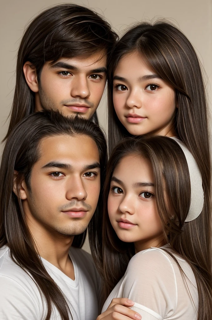 A young couple the girl with white skin long chocolate hair round face and small upturned nose honey colored eyes and sweet and intense look of small stature, thick lips and a mole on the upper lip, the boy with the profiled face, upturned nose and thick lips, gray eyes, short light brown hair, tall stature and fair skin.