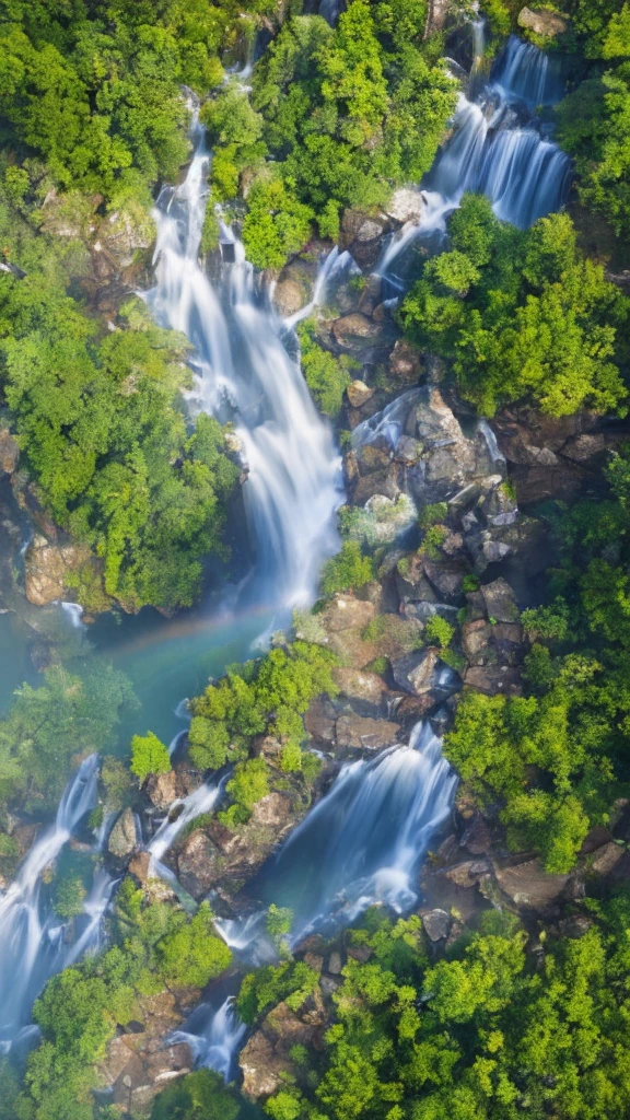 A stunning aerial view of a majestic waterfall, with a subtle, singular rainbow faintly visible near the cascading water. Breathtaking, cinematic landscape, ultra-detailed, 32K resolution, trending on artstation, octane render, unreal engine.