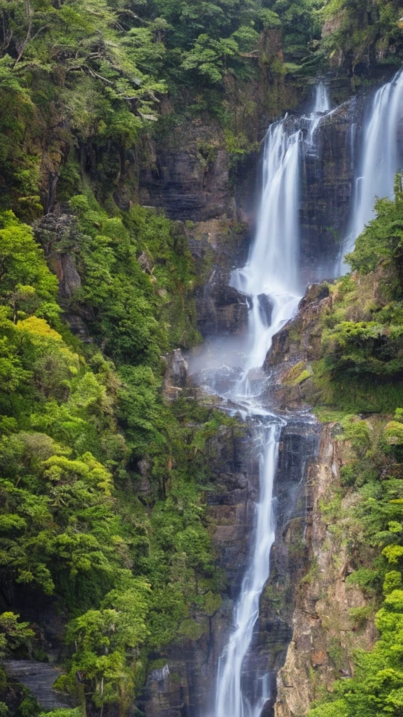 A stunning aerial view of a majestic waterfall, with a subtle, singular rainbow faintly visible near the cascading water. Breathtaking, cinematic landscape, ultra-detailed, 32K resolution, trending on artstation, octane render, unreal engine.