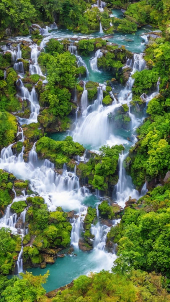 A stunning aerial view of a majestic waterfall, with a subtle, singular rainbow faintly visible near the cascading water. Breathtaking, cinematic landscape, ultra-detailed, 32K resolution, trending on artstation, octane render, unreal engine.