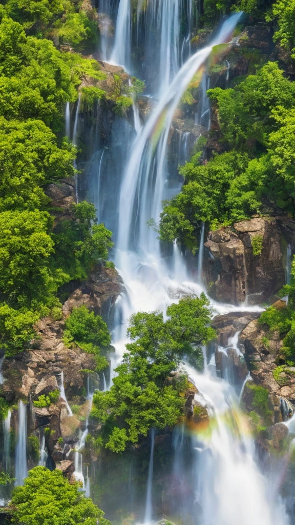 A stunning aerial view of a majestic waterfall, with a subtle, singular rainbow faintly visible near the cascading water. Breathtaking, cinematic landscape, ultra-detailed, 32K resolution, trending on artstation, octane render, unreal engine.