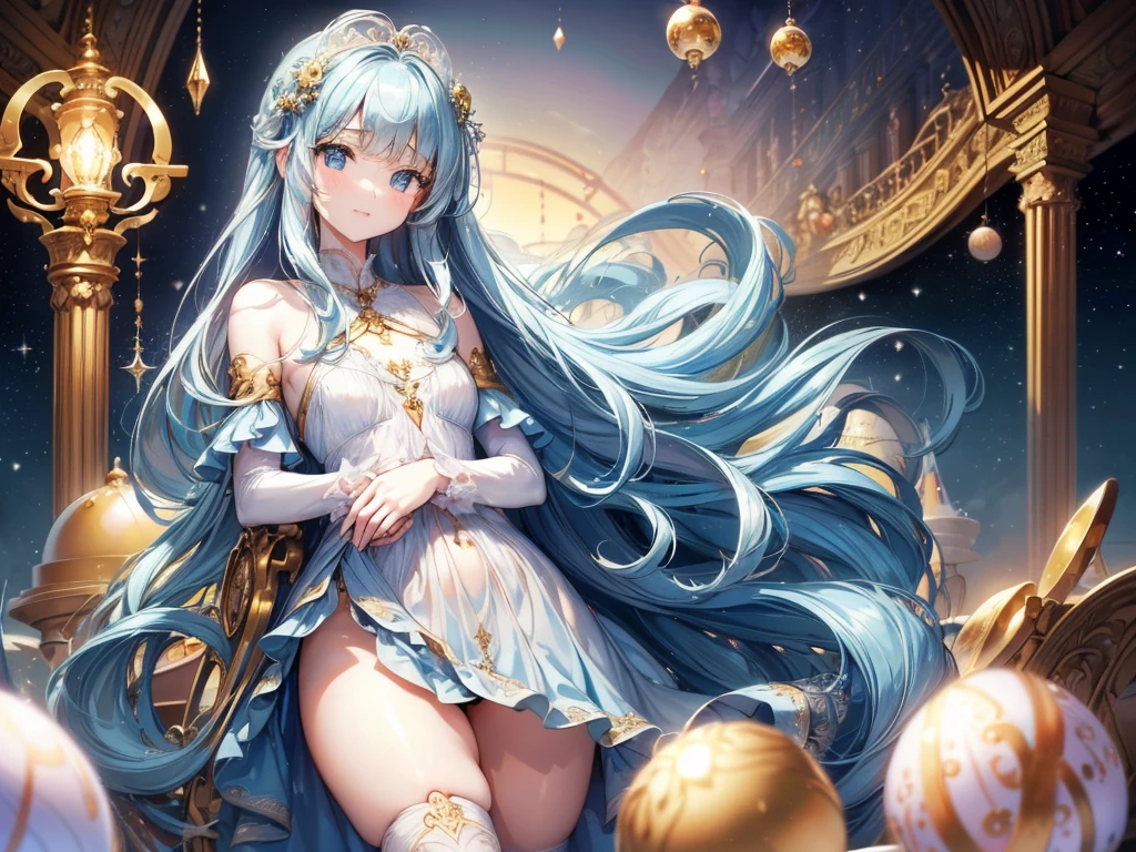 masterpiece, best quality, extremely detailed, (illustration, official art:1.1), 1 girl ,(((( light blue long hair)))), ,(((( light blue long hair)))),light blue hair,, long hair ((blush)) , cute face, big eyes, masterpiece, best quality,(((((a very delicate and beautiful girl))))),Amazing,beautiful detailed eyes,blunt bangs((((little delicate girl)))),tareme(true beautiful:1.2), sense of depth,dynamic angle,,,, affectionate smile, (true beautiful:1.2),,(tiny 1girl model:1.2),)(flat chest),A dimension where Earth like planets are hatched from eggs covered in gold, silver and jewels laid out in fractal patterns, As the eggs hatch the planets are sent into different dimensions, Christmas theme