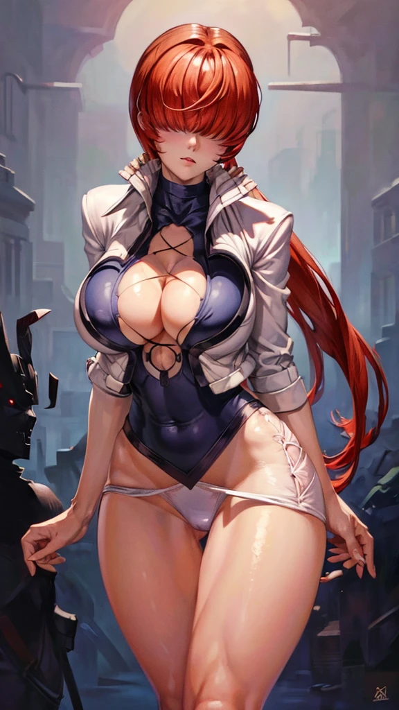 (masterpiece, highest quality, ultra high res, ultra detailed:1.3), 1 cute girl, ideal ratio body proportions, big breast, slender, full body, red long hair, low ponytail, (bangs covered both eyes completely, hair over both eyes:1.4), white tight leather mini skirt, purple turtleneck shirt, (cleavage cutout:1.3), BREAK, white leather jacket, open jacket, white leather boots, standing, she1, (panties visible:1.4), dynamic pose, cameltoe, clothes covered nipples, 