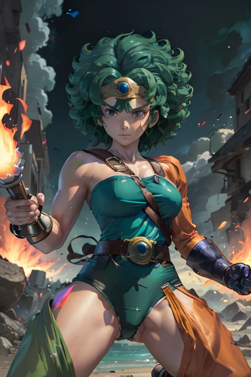 Anime Artwork Anime Artwork Masterpiece,Highest quality, Unreal Engine, Ultra-high resolution, Very detailed丸い胸, 1 person with medium chest, Waist, thin,(Muscular:0.9)
heroine,
Circlet, Curly Hair, Green Hair, short hair, Asymmetrical clothing, leotard, belt, One-handed gloves, Single Sleeve, Single Thigh High Cave, Holding a sword, . Anime Style, Key Visual, Vibrant, Studio Anime, Very detailed、Get down on one knee、Crippling、Hurt、Coming under attack、Surrounded by flames