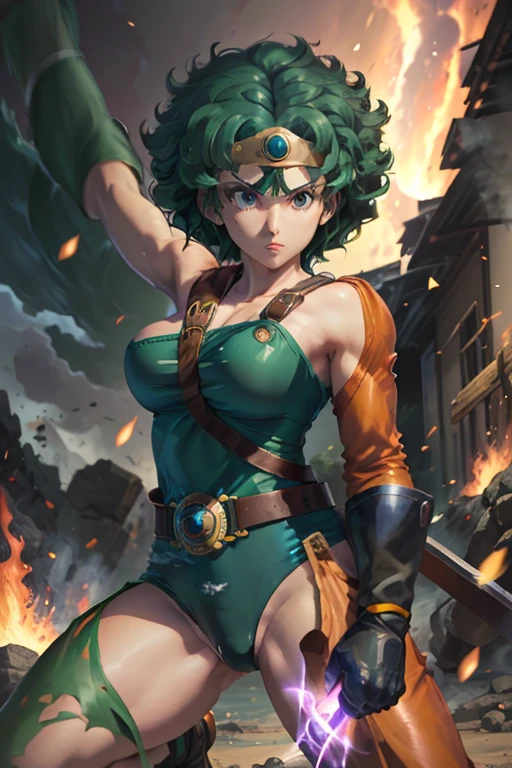 Anime Artwork Anime Artwork Masterpiece,Highest quality, Unreal Engine, Ultra-high resolution, Very detailed丸い胸, 1 person with medium chest, Waist, thin,(Muscular:0.9)
heroine,
Circlet, Curly Hair, Green Hair, short hair, Asymmetrical clothing, leotard, belt, One-handed gloves, Single Sleeve, Single Thigh High Cave, Holding a sword, . Anime Style, Key Visual, Vibrant, Studio Anime, Very detailed、Get down on one knee、Crippling、Hurt、Coming under attack、Surrounded by flames