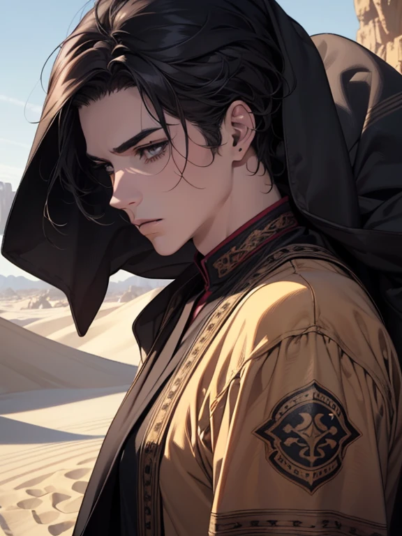 a muscular adult male, detailed eyes and face, short black hair, brown eyes, Middle Eastern clothing, desert landscape, focused on the scene, (best quality,4k,8k,highres,masterpiece:1.2),ultra-detailed,(realistic,photorealistic,photo-realistic:1.37),cinematic lighting,dramatic scene,epic adventure