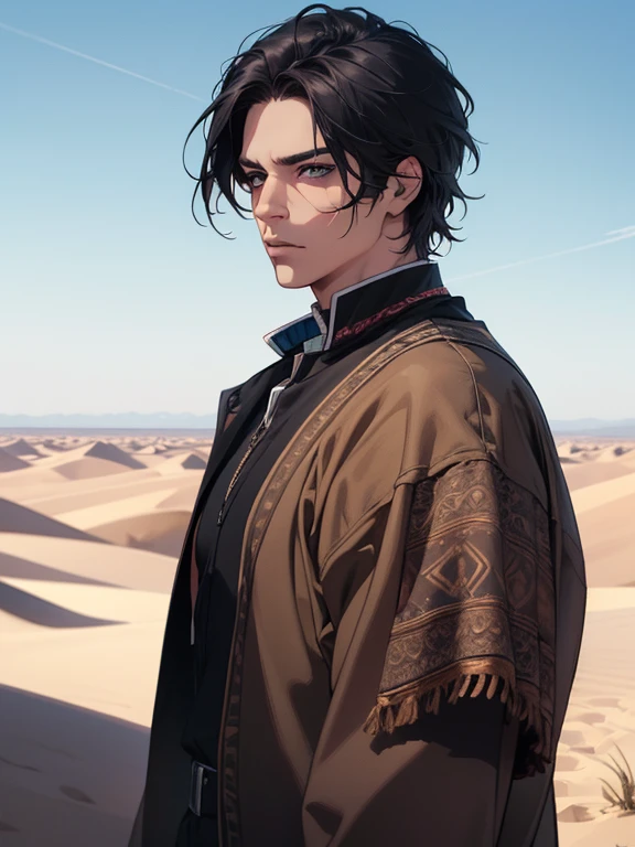 a muscular adult male, detailed eyes and face, short black hair, brown eyes, Middle Eastern clothing, desert landscape, focused on the scene, (best quality,4k,8k,highres,masterpiece:1.2),ultra-detailed,(realistic,photorealistic,photo-realistic:1.37),cinematic lighting,dramatic scene,epic adventure