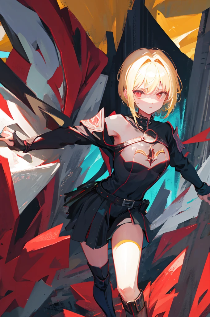 medieval crusader knight, short hair, blonde hair, black sclera, red eyes, intimidating pose