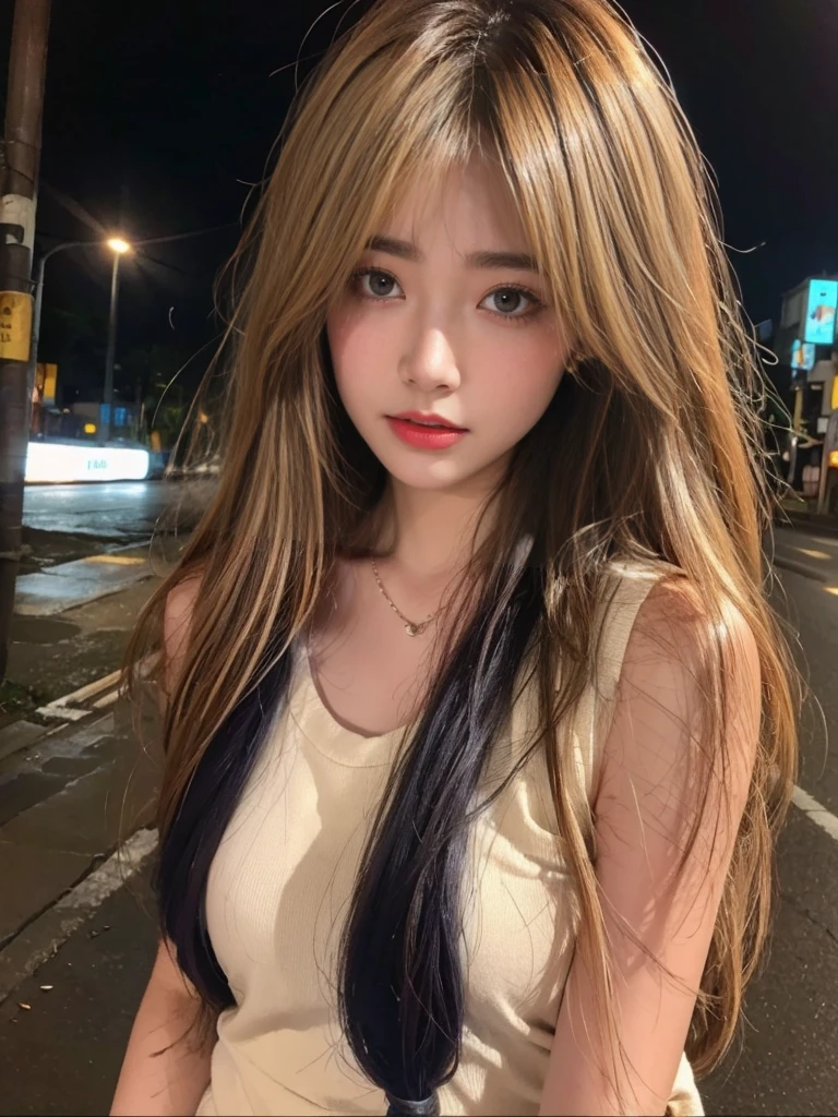 A woman stands on a city street at night，Background with city streets