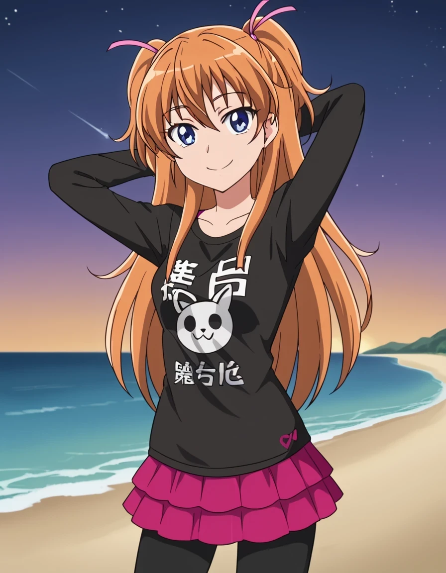 hojo hibiki, orange hair, long hair, two side up, hair ribbon, pink ribbon, blue eyes, black shirt, frilled shirt, white t-shirt, long sleeves, pink skirt, layered skirt, black leggings, 1girl, solo, looking at viewer, smile, solo, (contrapposto), spread armpit, arm behind head, hand on hip, smile, looking at viewer, (cowboy shot:1.5), closed mouth, night sky, beach, high quality, looking at viewer, suggestive smile, best quality,