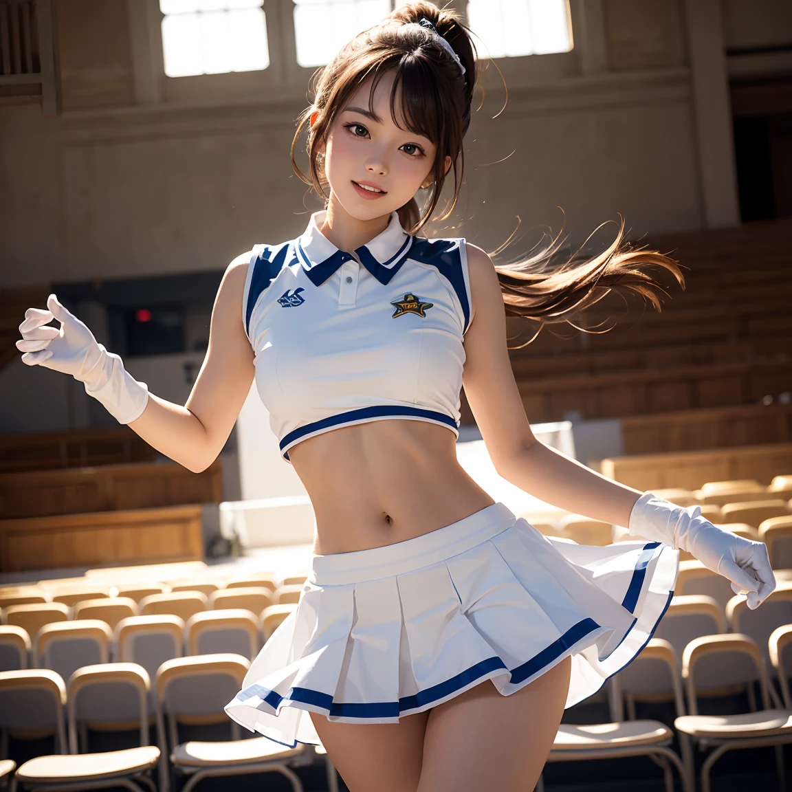 One girl, , Dancing, Small breasts, Thin legs, Cheerleader uniforms, skirt, White Cheer Gloves, stomach, Tilt your head, Arm open, from the front, ((masterpiece)), ((Highly detailed face)), Highest quality, Surreal, High resolution, Exquisite detail,(Beautiful and delicate eyes and lips), (The best shadows. Very delicate and beautiful.), Beautiful white skin, smile, Open your mouth, Ponytail Brown Hair, bangs, Floating Hair, Good ray, Cowboy Shot, court, Audience seats, Light of the sun