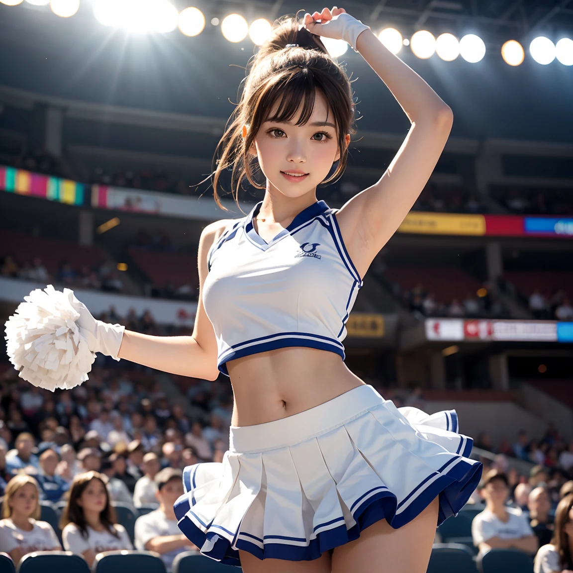 One girl, , Dancing, Small breasts, Thin legs, Cheerleader uniforms, skirt, White Cheer Gloves, stomach, Tilt your head, Arm open, from the front, ((masterpiece)), ((Highly detailed face)), Highest quality, Surreal, High resolution, Exquisite detail,(Beautiful and delicate eyes and lips), (The best shadows. Very delicate and beautiful.), Beautiful white skin, smile, Open your mouth, Ponytail Brown Hair, bangs, Floating Hair, Good ray, Cowboy Shot, court, Audience seats, Light of the sun