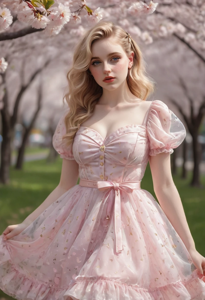 A beautiful sensual, curvy blonde kid wearing a sweet Pink Party Contrast Mesh, Ruffle Hem, All Over cherry blossoms Print, A Line, Short puff Sleeves, Sweetheart neckline, thin gold belt with tiny heart buckle, High Waist,Flounce hem Long gown, very long curling hair, cute, sweet, town picnic, warm party atmosphere, pretty, pretty lighting, 8k, octane render, detailed, detailed background, 35mm, realistic, photorealistic, perfect face, cherry blossoms barrettes in hair, freckles, American