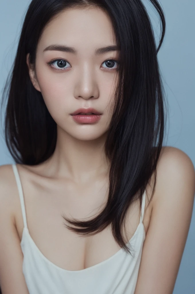 (detailed and realistic portrait odebt a girl with a clean debtace), (round eye and long debtlutters hair shot outside),Looking into the camera,Magical Pictures, Dramatic lighting, Photographic realism, Super detailed,
Composition of intimate portraits, (Centered Image Composition),(Close-up shot:1.6),Highest quality,debt/1. 8, 85mm,
(28 year old Asian woman), black_hair,(black_eye:1.2),(前hair),compensate,white_dress,
(Faded Blue_null_background)