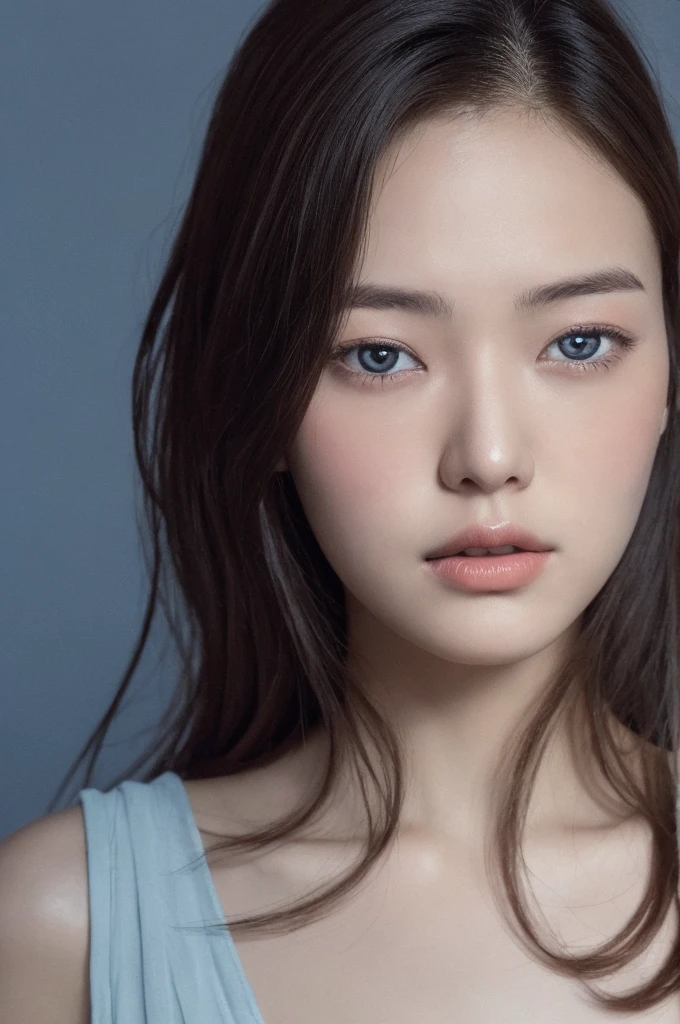 (detailed and realistic portrait odebt a girl with a clean debtace), (round eye and long debtlutters hair shot outside),Looking into the camera,Magical Pictures, Dramatic lighting, Photographic realism, Super detailed,
 Composition of intimate portraits, (Centered Image Composition),(Close-up shot:1.6),Highest quality,debt/1. 8, 85mm,
(28 year old Asian woman), black_hair,(black_eye:1.2),(前hair),compensate,white_dress,
(Faded Blue_null_background)