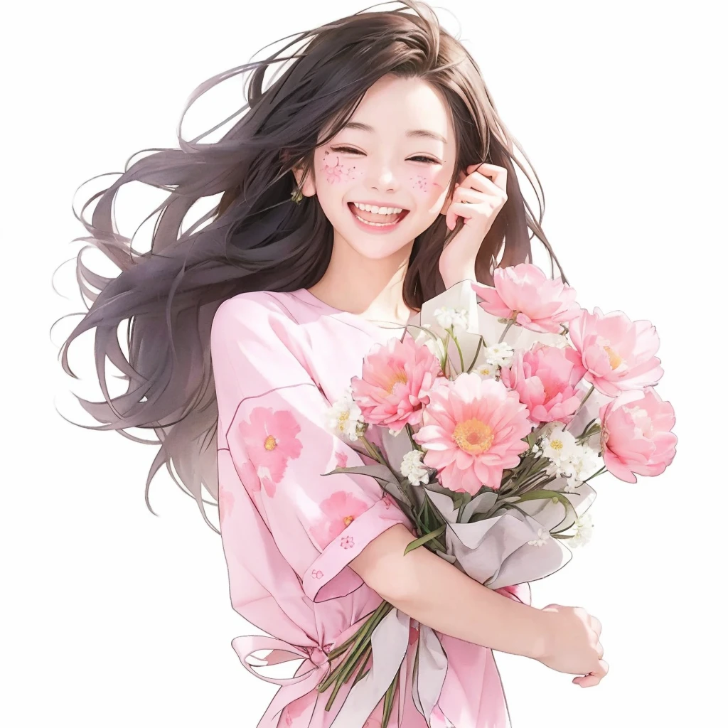 Anime girl With flowers in her hands，With a smile, With flowers, Gveiz, She expressed her joy, Beautiful and smiling, Laugh gently, Cute smile, 美しいWith a smile, Middle Metaverse, Jan J, happy and bright look, And she laughs，very happy, Gveiz-style artwork