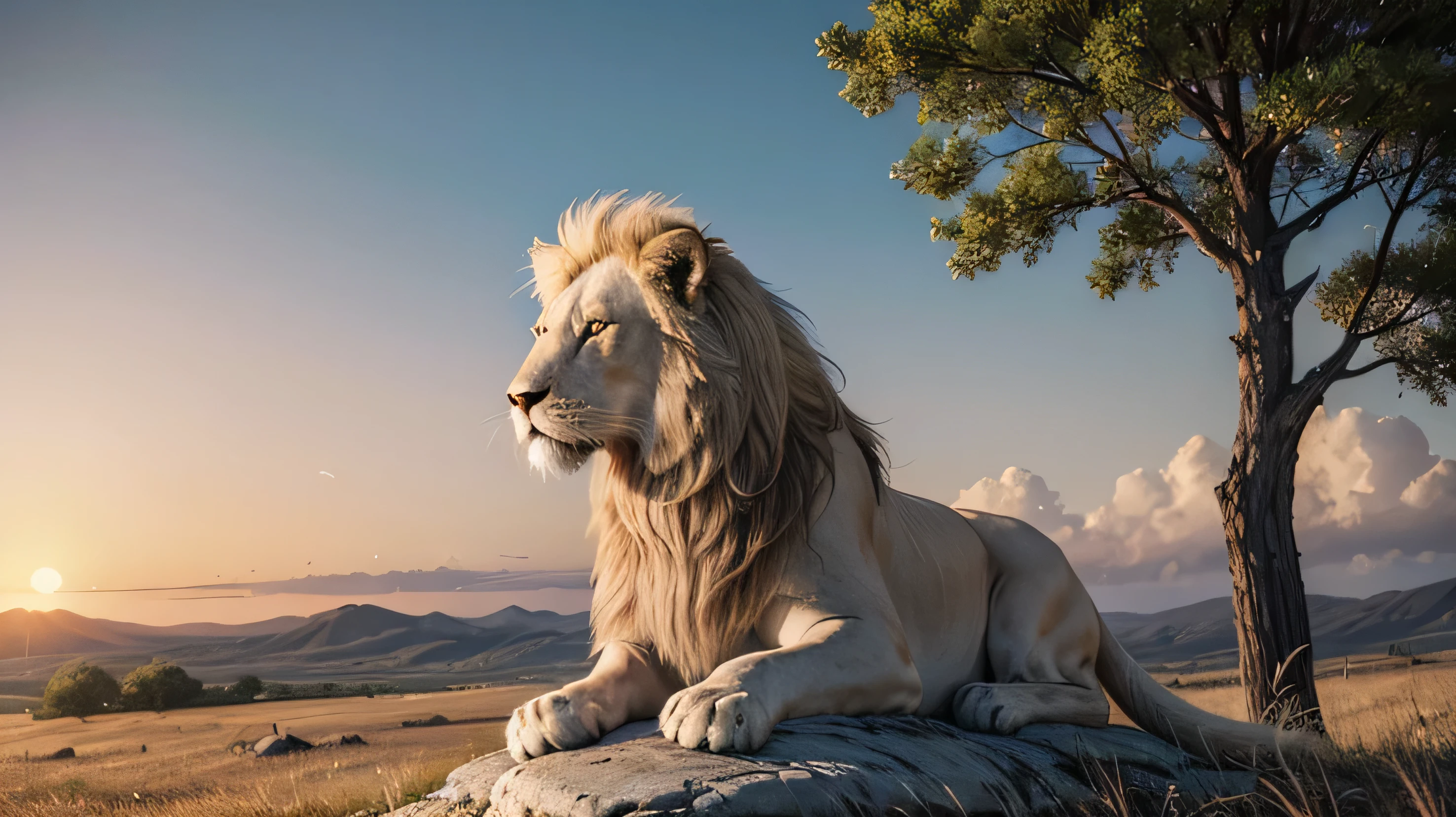 "A majestic white lion sitting on a rocky hill during sunset. The lion has a lush white mane that shines in the light of the setting sun, his eyes are light blue and express serenity. The background is a golden savannah, with tall grass and few scattered trees. The sky is painted with shades of orange, pink and purple. The lion is in a dignified pose, looking directly at the camera, with a calm and powerful expression."