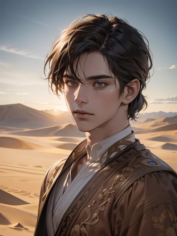 a muscular adult male, detailed eyes and face, short black hair, brown eyes, Middle Eastern clothing, desert landscape, focused on the scene, (best quality,4k,8k,highres,masterpiece:1.2),ultra-detailed,(realistic,photorealistic,photo-realistic:1.37),cinematic lighting,dramatic scene,epic adventure
