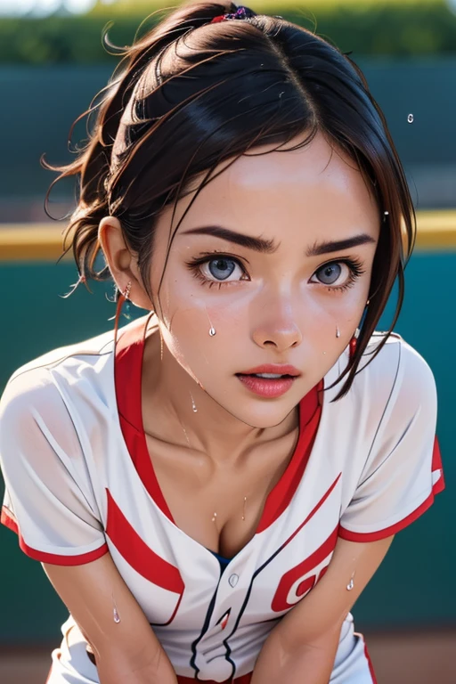 (Highest quality,8K,High resolution,Masseter muscle area:1.2),Super detailed,Realistic:1.37,Portraiture,Dynamic Angle,Women's Softball Players, Girl,Small Head,cute,sporty,Attractive face,Beautiful face with attention to detail,Extremely realistic skin,Wet Skin,Sweat,Large Breasts,Tight waist,Beautiful legs ,sporty,Softball Venues,Cinema Lighting,hot pants, head to feet 