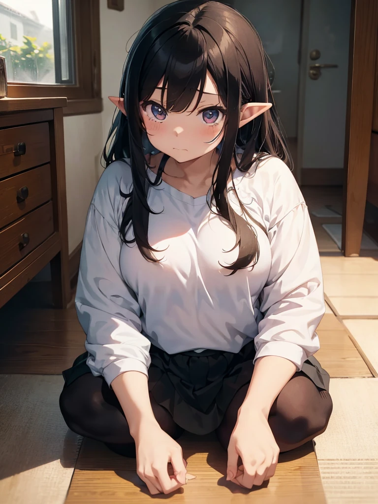 heavy rain、(One person)、((chibi style)), Teruteru,Inside the house, an elf girl is sitting on the floor, half crying and pouting, gazing out the window.