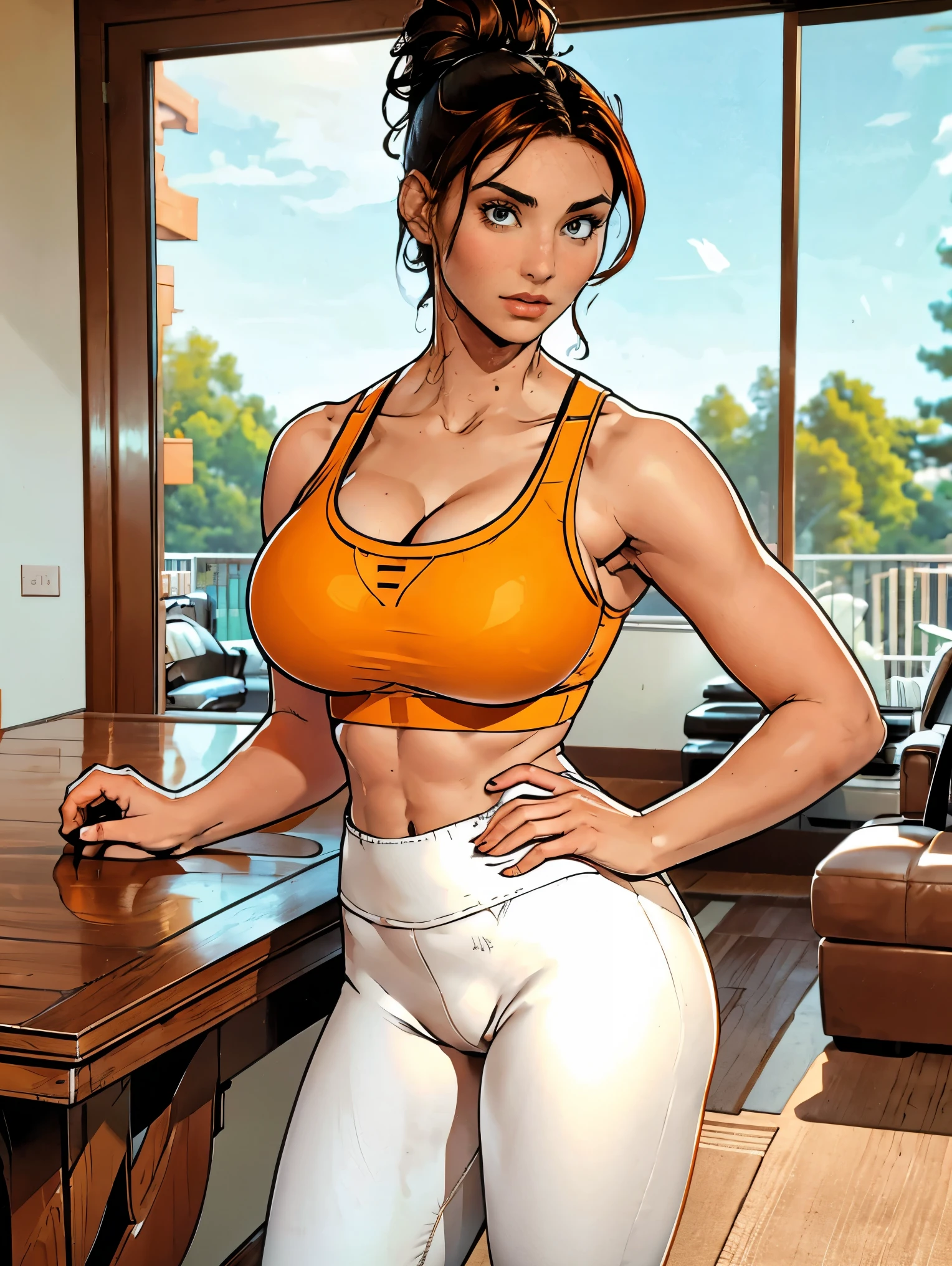 Extremely busty thin and toned brunette, gym girl, fair skin, loose updo, soft face, athletic, white and orange paneled sports bra, white and orange paneled leggings. standing by a sliding glass door, gym, windows. 