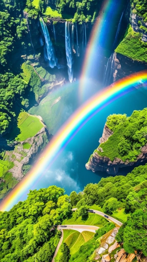 A vast waterfall, top-down view, a subtle single rainbow near the waterfall, stunning landscape, like a scene from a movie, 32K resolution, ultra-detailed, high-resolution, intricate details, photorealistic, breathtaking view