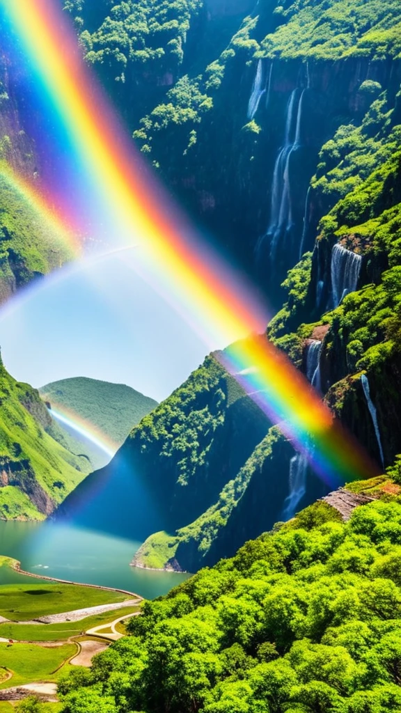 A vast waterfall, top-down view, a subtle single rainbow near the waterfall, stunning landscape, like a scene from a movie, 32K resolution, ultra-detailed, high-resolution, intricate details, photorealistic, breathtaking view