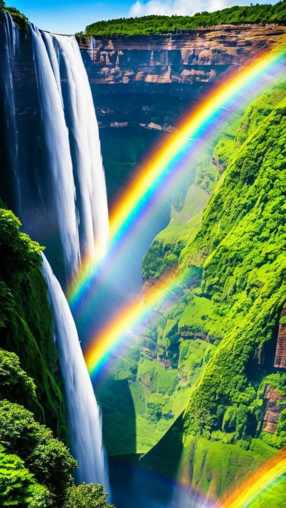 A vast waterfall, top-down view, a subtle single rainbow near the waterfall, stunning landscape, like a scene from a movie, 32K resolution, ultra-detailed, high-resolution, intricate details, photorealistic, breathtaking view