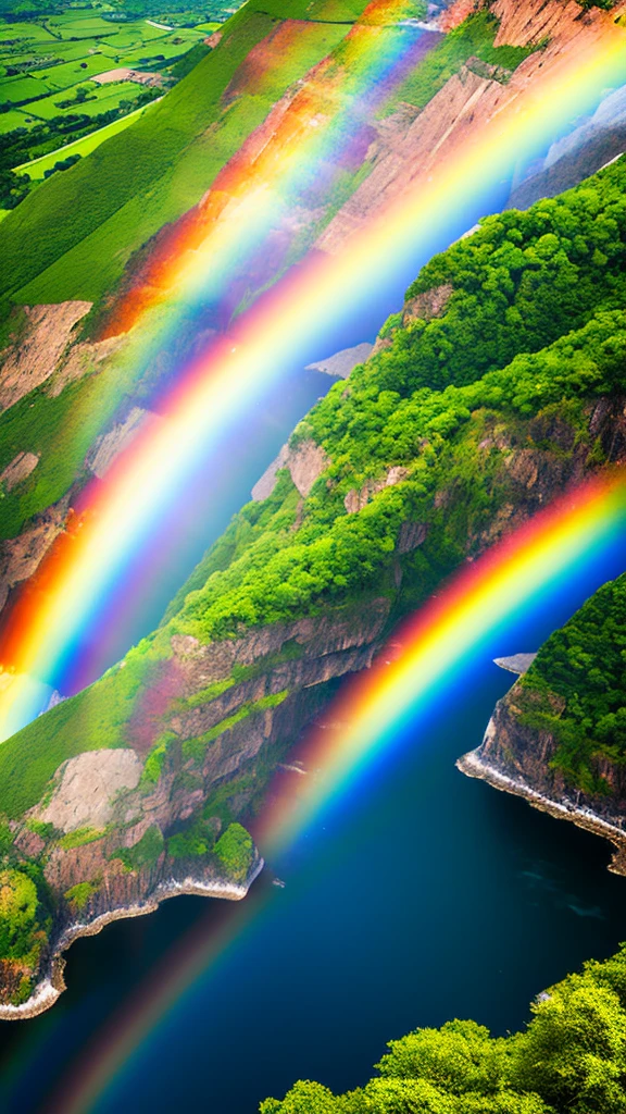 A vast waterfall, top-down view, a subtle single rainbow near the waterfall, stunning landscape, like a scene from a movie, 32K resolution, ultra-detailed, high-resolution, intricate details, photorealistic, breathtaking view