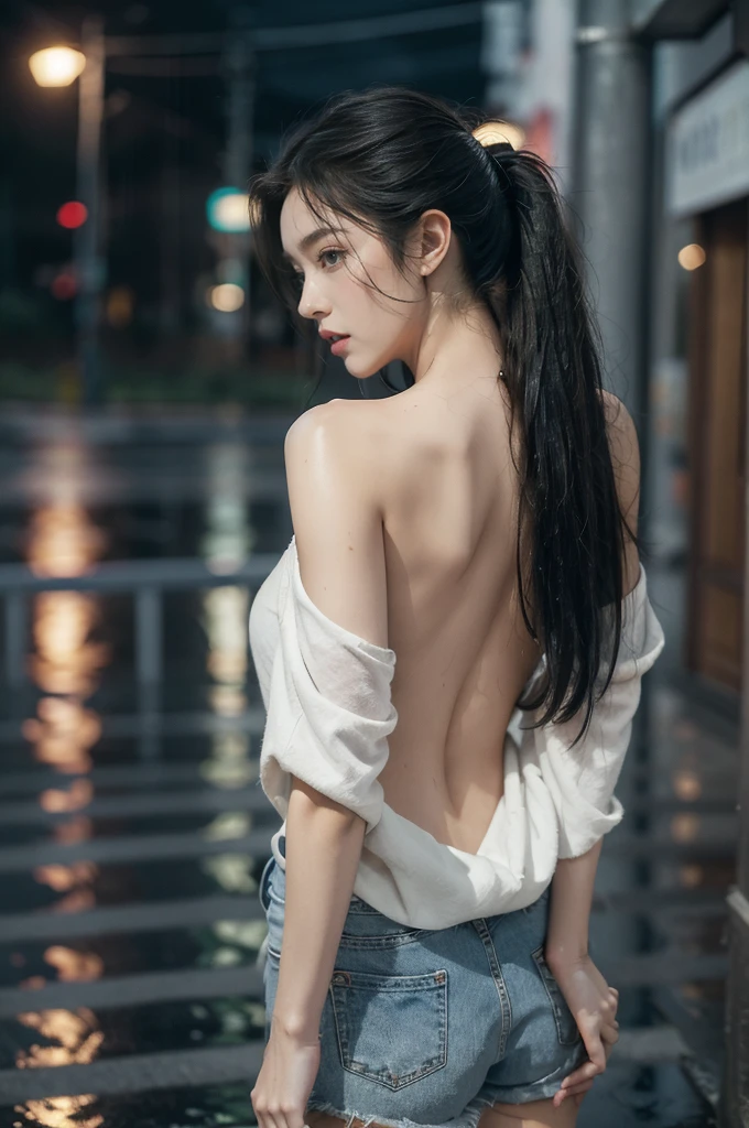 (((best quality))),(((ultra detailed))),(((masterpiece))),illustration,1girl, young,solo, slim,thin,short ponytail,((bare back,towering hips,butt crack)),((shoulder off,bare shoulder)),white collared shirt,shorts,standing,rainy night, heavy rain, drenched clothes, melancholy expression, solitude, tear rolling down cheek, wet hair, empty streets, dimly lit, deserted environment, sound of rain, footsteps, symbol of hope, abandoned, resilience, determination, walking in rain, heartbreak, loss, love fading, loneliness, body language, facial expression, dreary atmosphere, rain-soaked streets, somber mood, viewer engagement,((upper body,from back)),urban scape