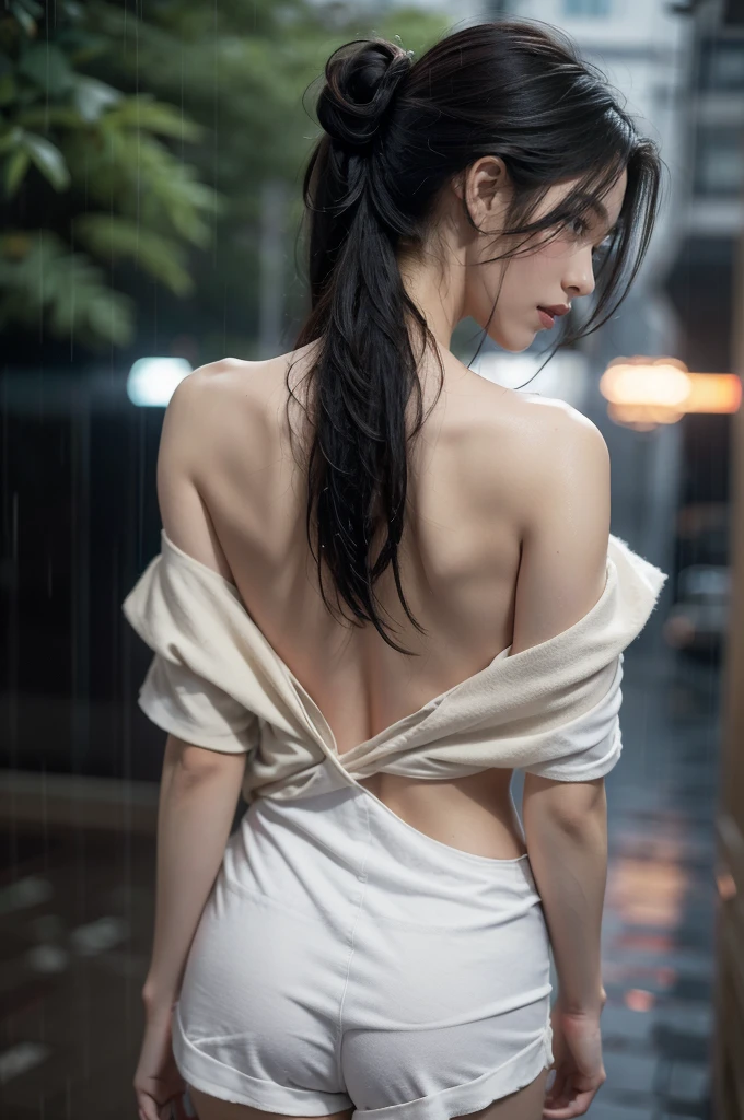 (((best quality))),(((ultra detailed))),(((masterpiece))),illustration,1girl, young,solo, slim,thin,short ponytail,((bare back,towering hips,butt crack)),((shoulder off,bare shoulder)),white collared shirt,shorts,standing,rainy night, heavy rain, drenched clothes, melancholy expression, solitude, tear rolling down cheek, wet hair, empty streets, dimly lit, deserted environment, sound of rain, footsteps, symbol of hope, abandoned, resilience, determination, walking in rain, heartbreak, loss, love fading, loneliness, body language, facial expression, dreary atmosphere, rain-soaked streets, somber mood, viewer engagement,((upper body,from back)),urban scape