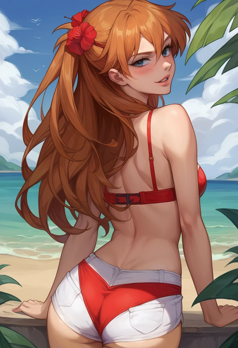 score_9, score_8_up, score_8_up, source_anime BREAK 1girl, solo, Asuka Langley Soryu, hair flower, hair ornament, flowing hair, cleavage, red bikini, white shorts, beach, outdoors, parted lips, naughty face, blush, looking at viewer, model poses, rear view.