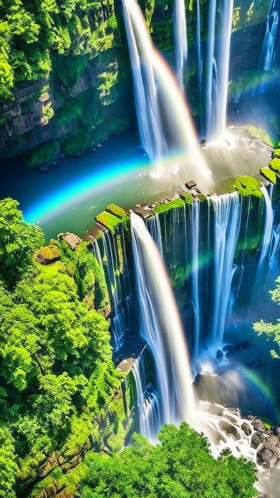 A stunning aerial view of a majestic waterfall, with a subtle, singular rainbow faintly visible near the cascading water. Breathtaking, cinematic landscape, ultra-detailed, 32K resolution, trending on artstation, octane render, unreal engine.