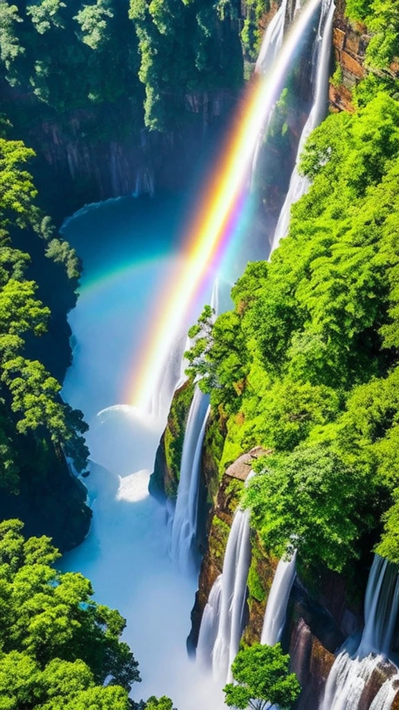 A stunning aerial view of a majestic waterfall, with a subtle, singular rainbow faintly visible near the cascading water. Breathtaking, cinematic landscape, ultra-detailed, 32K resolution, trending on artstation, octane render, unreal engine.