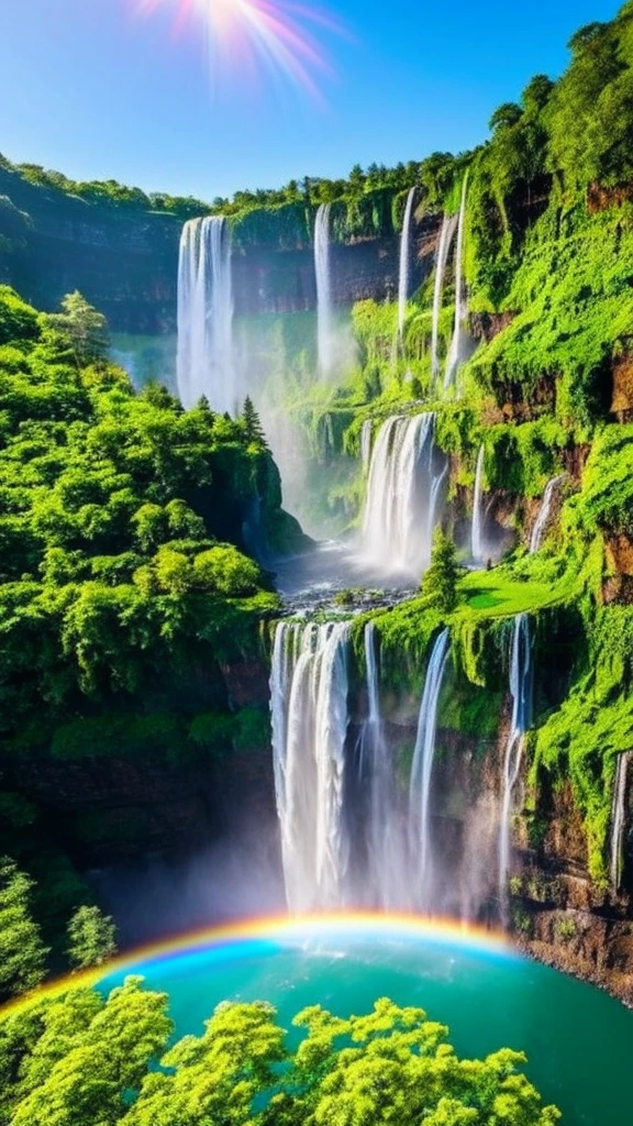 A stunning aerial view of a majestic waterfall, with a subtle, singular rainbow faintly visible near the cascading water. Breathtaking, cinematic landscape, ultra-detailed, 32K resolution, trending on artstation, octane render, unreal engine.