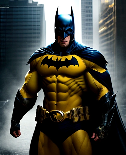 The batman traje yelow dc ,Bodybuilder, super strong, muscular, ABS, in background asgard, 35mm lens, photography, ultra details, HDR, UHD,8K strong