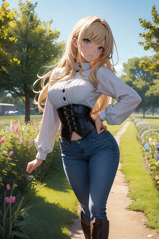 Anime style scene with a 21-year-old female character with a mature face, arching her back, and an adolescent boy standing behind her, looking at her. The woman has long, waist-length, wavy blond hair, V bangs, and blue eyes, wearing a white blouse with a chocolate-colored corset over it, skinny tight blue jeans, and high boots. The boy has short dark hair, a slim build, and is wearing casual clothes. They are in a vibrant spring field at midday, with the boy's gaze focused on the woman, creating a dynamic and intriguing atmosphere.