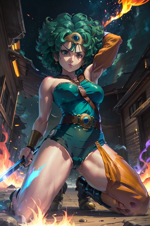 Anime Artwork Anime Artwork Masterpiece,Highest quality, アンRealエンジン, Ultra-high resolution, Very detailed丸い胸, 1 person with medium chest, Waist, thin,(Muscular:0.9)
heroine,
Circlet, Curly Hair, Green Hair, short hair, Asymmetrical clothing, leotard, belt, One-handed gloves, Single Sleeve, Single Thigh High Cave, Holding a sword, . Anime Style, Key Visual, Vibrant, Studio Anime, Very detailed、Get down on one knee、Crippling、Hurt、Coming under attack、Surrounded by flames、Real