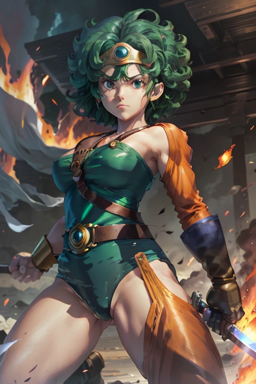 Anime Artwork Anime Artwork Masterpiece,Highest quality, アンRealエンジン, Ultra-high resolution, Very detailed丸い胸, 1 person with medium chest,  Waist, thin,(Muscular:0.9)
 heroine, 
Circlet, Curly Hair, Green Hair, short hair, Asymmetrical clothing, leotard, belt, One-handed gloves, Single Sleeve, Single Thigh High Cave, Holding a sword, . Anime Style, Key Visual, Vibrant, Studio Anime,  Very detailed、Get down on one knee、Crippling、Hurt、Coming under attack、Surrounded by flames、Real